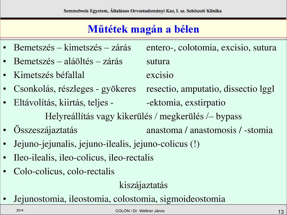 kikerülés / megkerülés / bypass Összeszájaztatás anastoma / anastomosis / -stomia Jejuno-jejunalis, jejuno-ilealis, jejuno-colicus (!