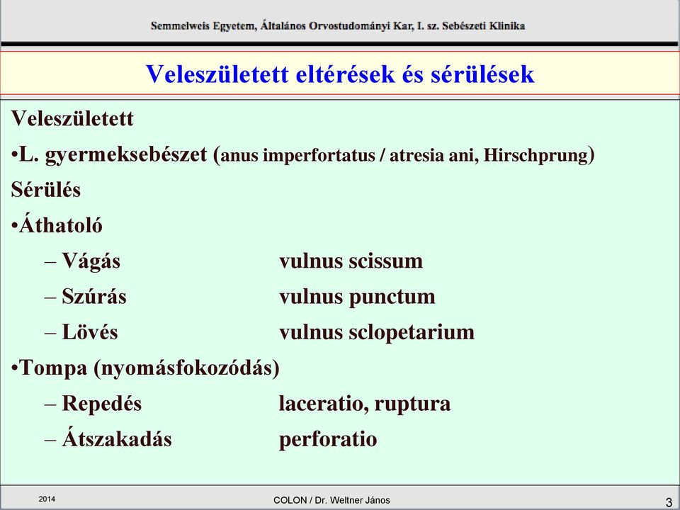 Áthatoló Vágás vulnus scissum Szúrás vulnus punctum Lövés vulnus sclopetarium