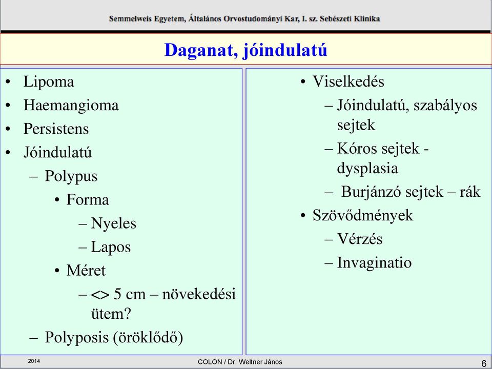 Polyposis (öröklődő) Viselkedés Jóindulatú, szabályos sejtek Kóros