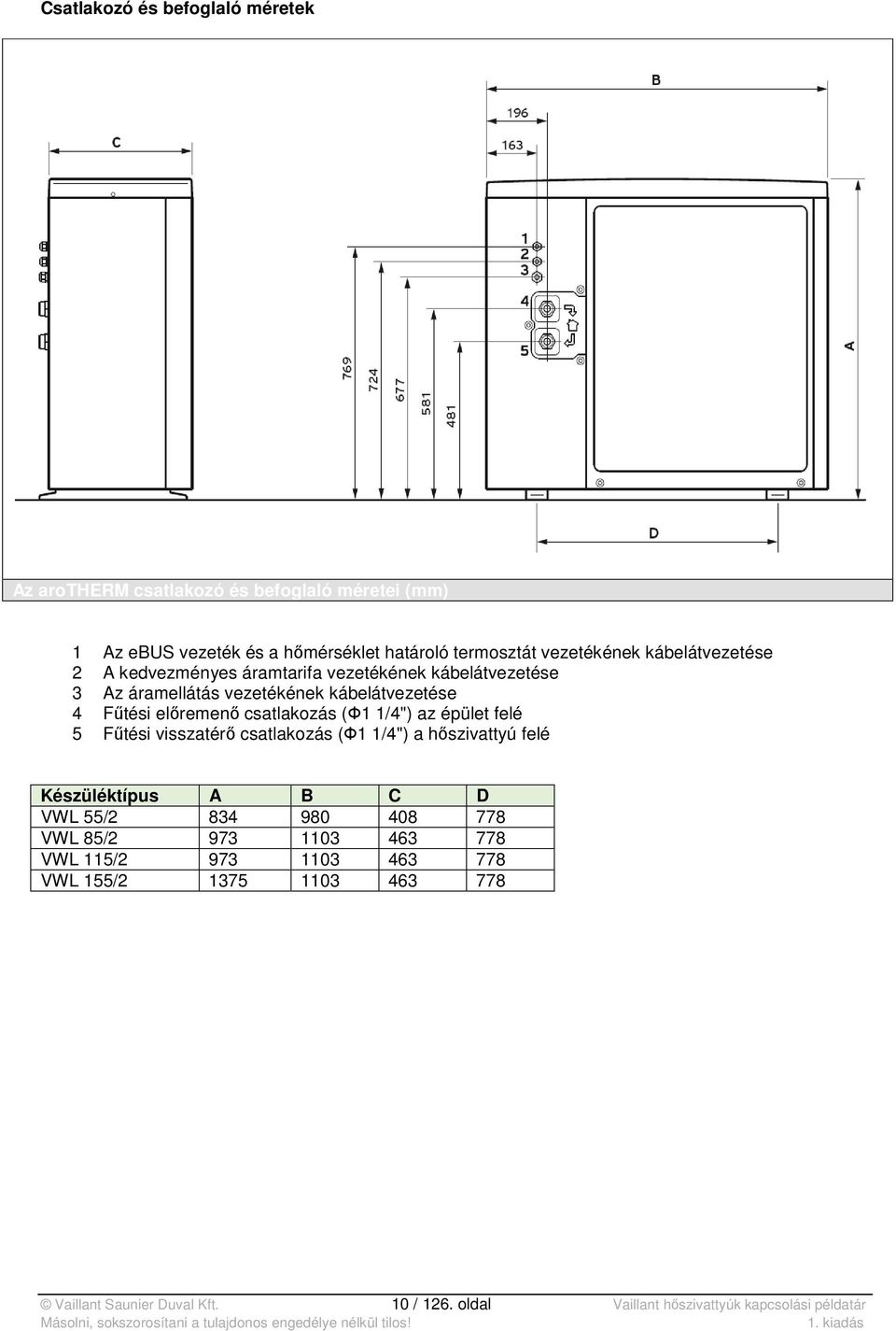 (Ф1 1/4") az épület felé 5 Fűtési visszatérő csatlakozás (Ф1 1/4") a hőszivattyú felé Készüléktípus A B C D VWL 55/2 834 980 408 778 VWL 85/2 973