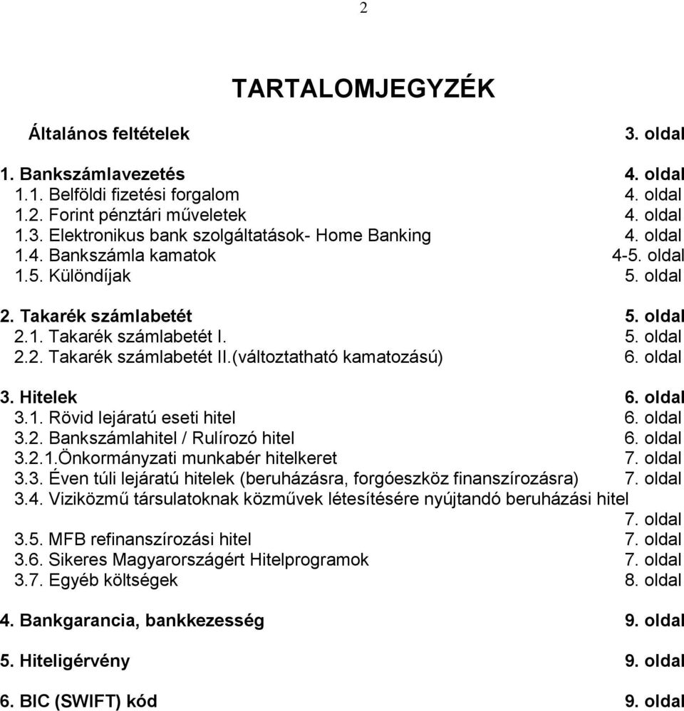 oldal 3. Hitelek 6. oldal 3.1. Rövid lejáratú eseti hitel 6. oldal 3.2. Bankszámlahitel / Rulírozó hitel 6. oldal 3.2.1.Önkormányzati munkabér hitelkeret 7. oldal 3.3. Éven túli lejáratú hitelek (beruházásra, forgóeszköz finanszírozásra) 7.