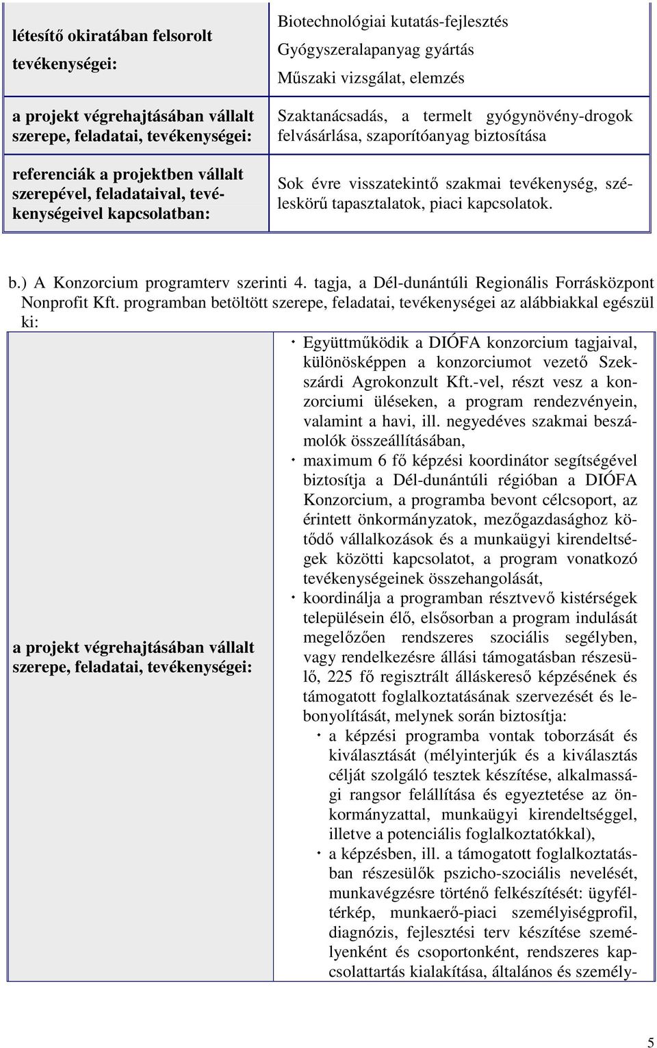 visszatekintő szakmai tevékenység, széleskörű tapasztalatok, piaci kapcsolatok. b.) A Konzorcium programterv szerinti 4. tagja, a Dél-dunántúli Regionális Forrásközpont Nonprofit Kft.