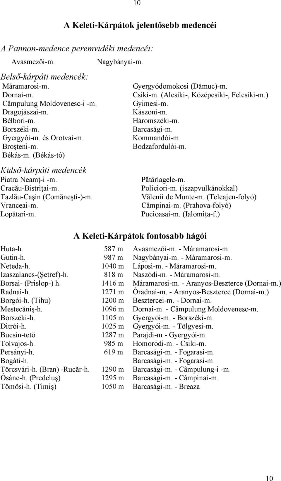 Gyergyódomokosi (Dămuc)-m. Csiki-m. (Alcsíki-, Középcsíki-, Felcsíki-m.) Gyimesi-m. Kászoni-m. Háromszéki-m. Barcasági-m. Kommandói-m. Bodzafordulói-m. Pătârlagele-m. Policiori-m.