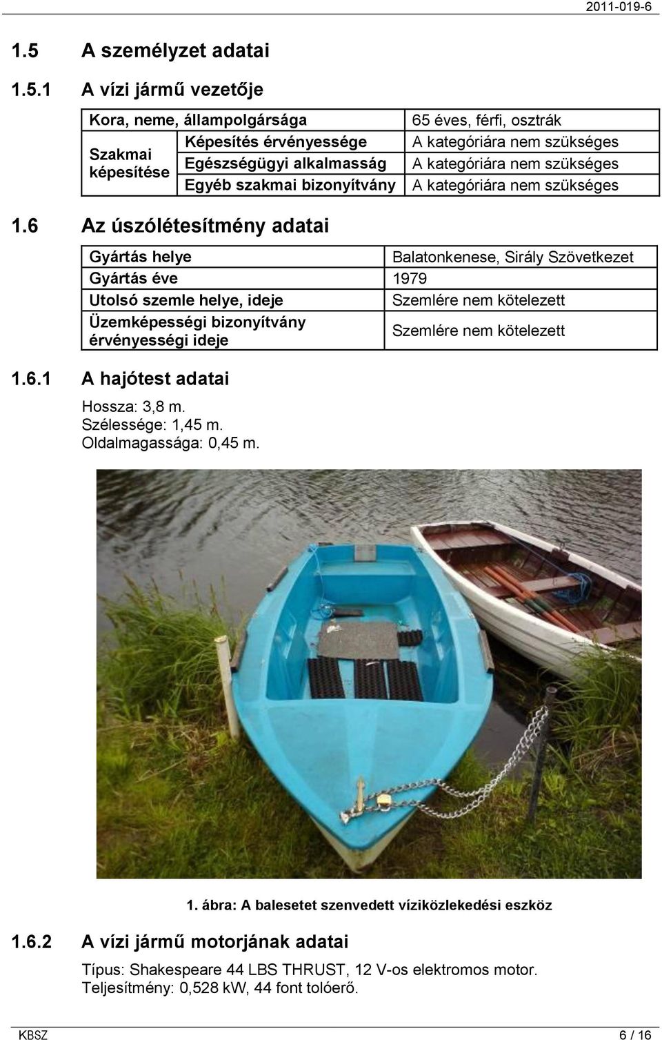 6 Az úszólétesítmény adatai Gyártás helye Balatonkenese, Sirály Szövetkezet Gyártás éve 1979 Utolsó szemle helye, ideje Szemlére nem kötelezett Üzemképességi bizonyítvány érvényességi ideje