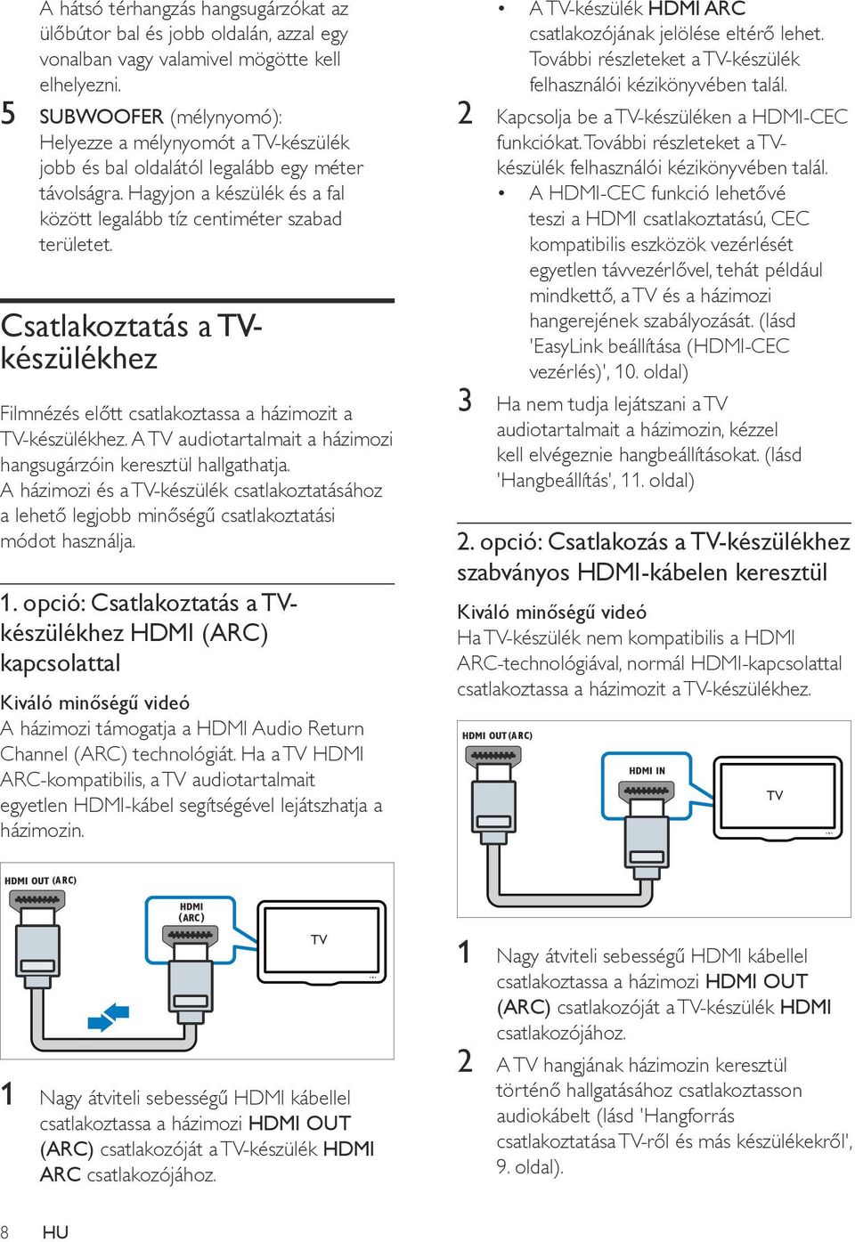 Csatlakoztatás a TVkészülékhez Filmnézés előtt csatlakoztassa a házimozit a TV-készülékhez. A TV audiotartalmait a házimozi hangsugárzóin keresztül hallgathatja.