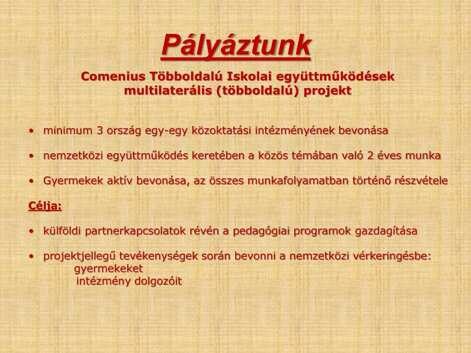 aktív bevonása, az összes munkafolyamatban történő részvétele Célja: külföldi partnerkapcsolatok révén a pedagógiai