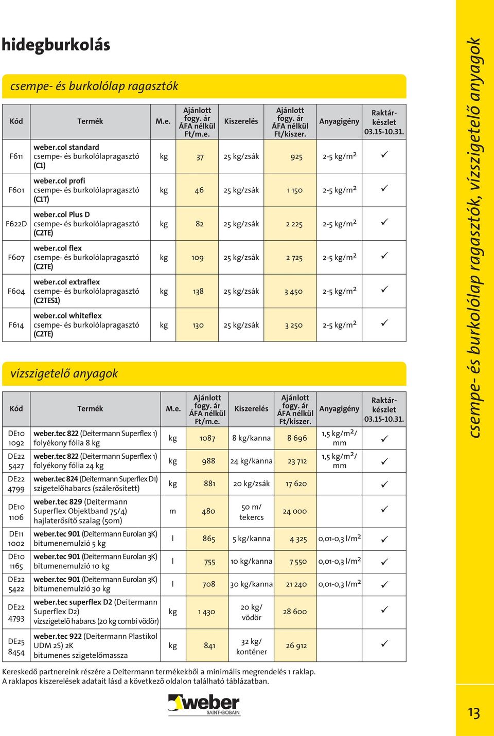 col flex F607 csempe- és burkolólapragasztó kg 109 25 kg/zsák 2 725 2-5 kg/m 2 (C2TE) weber.col extraflex F604 csempe- és burkolólapragasztó kg 138 25 kg/zsák 3 450 2-5 kg/m 2 (C2TES1) weber.