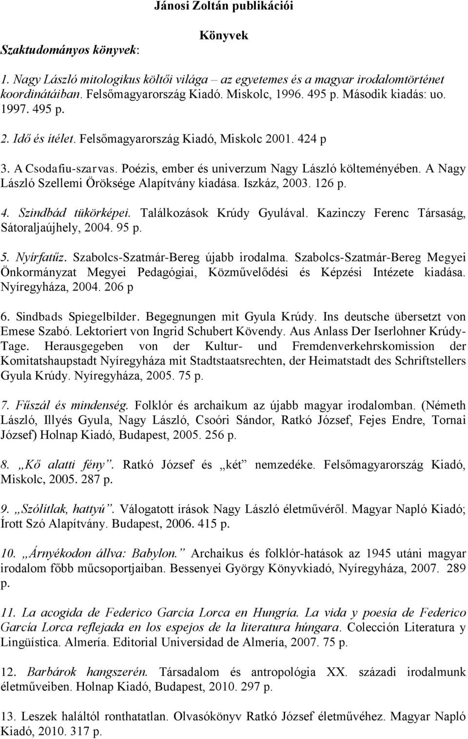 A Nagy László Szellemi Öröksége Alapítvány kiadása. Iszkáz, 2003. 126 p. 4. Szindbád tükörképei. Találkozások Krúdy Gyulával. Kazinczy Ferenc Társaság, Sátoraljaújhely, 2004. 95 p. 5. Nyírfatűz.