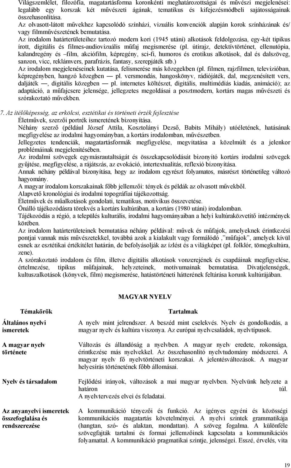 Az irodalom határterületeihez tartozó modern kori (1945 utáni) alkotások feldolgozása, egy-két tipikus írott, digitális és filmes-audiovizuális műfaj megismerése (pl.