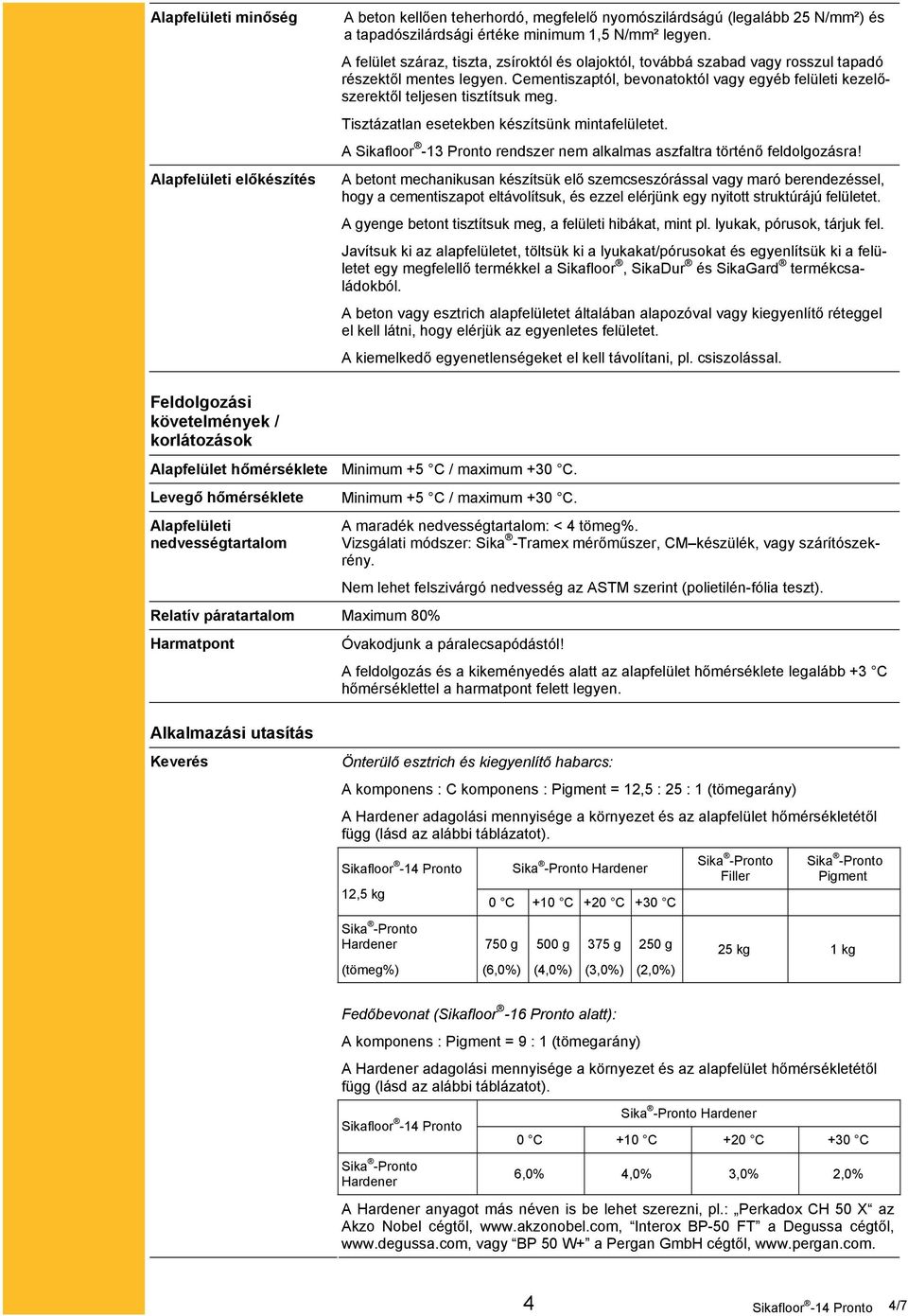 Tisztázatlan esetekben készítsünk mintafelületet. A Sikafloor -13 Pronto rendszer nem alkalmas aszfaltra történő feldolgozásra!