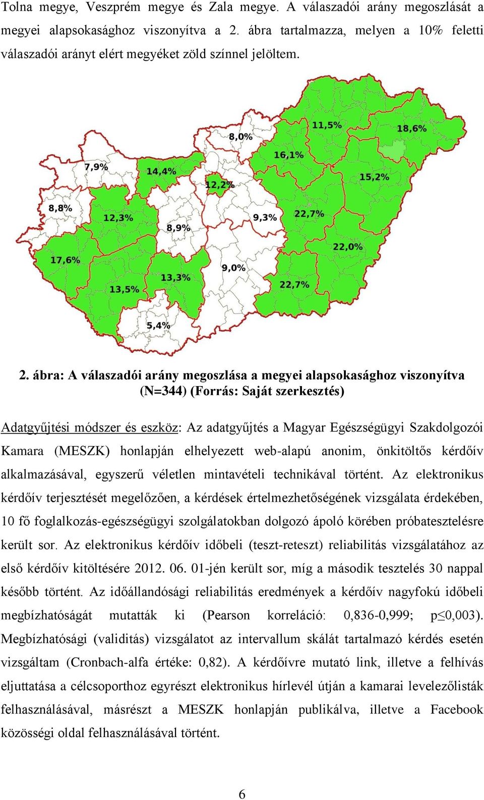 ábra: A válaszadói arány megoszlása a megyei alapsokasághoz viszonyítva (N=344) (Forrás: Saját szerkesztés) Adatgyűjtési módszer és eszköz: Az adatgyűjtés a Magyar Egészségügyi Szakdolgozói Kamara