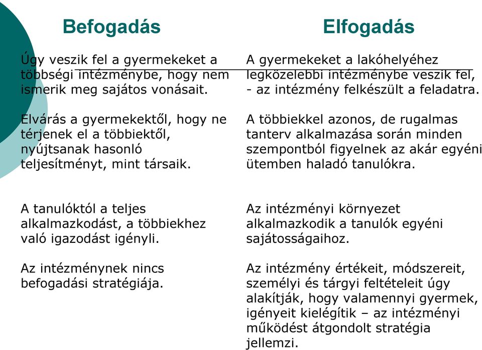 Elfogadás A gyermekeket a lakóhelyéhez legközelebbi intézménybe veszik fel, - az intézmény felkészült a feladatra.