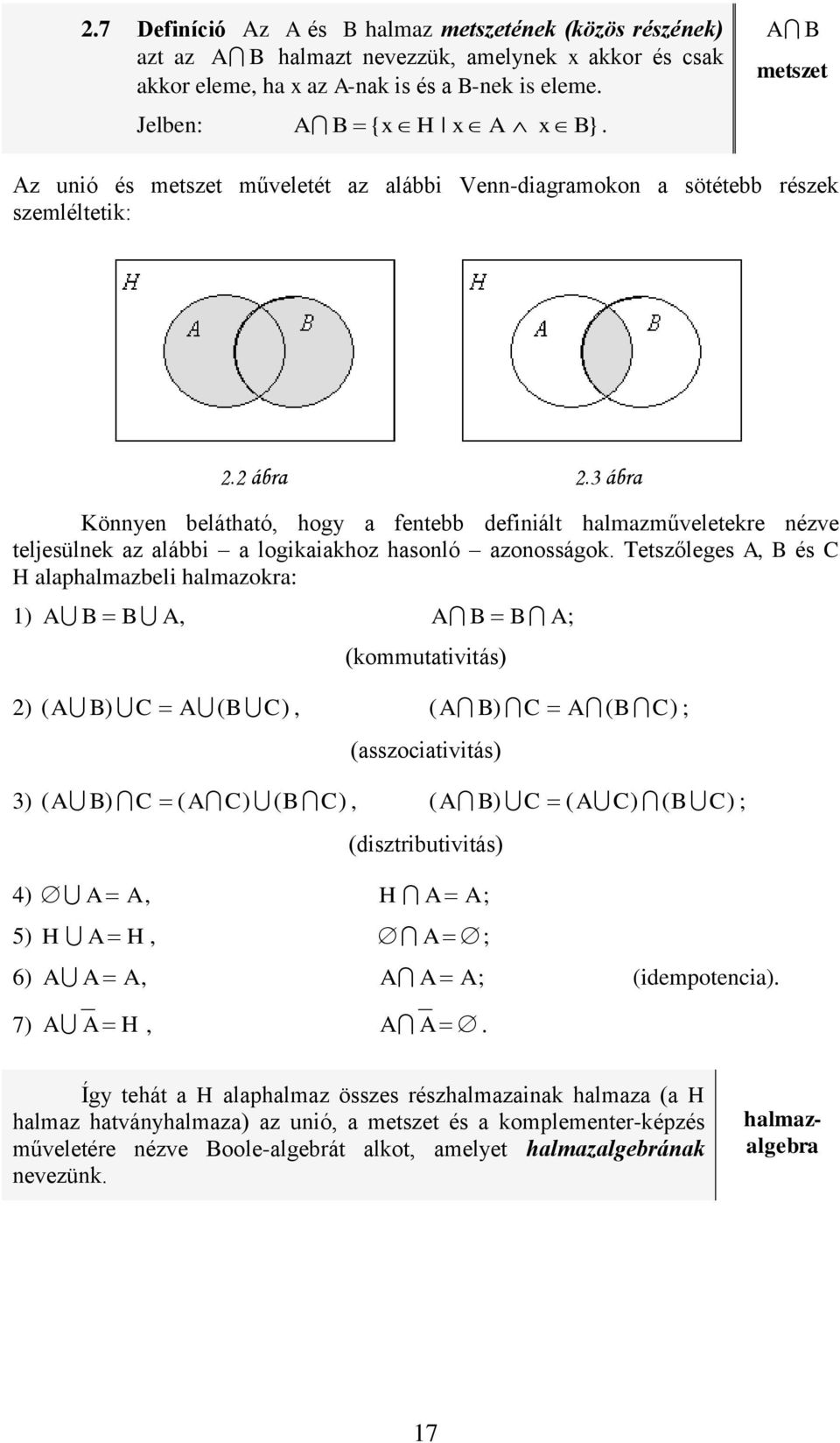 ábra Köye belátható, hogy a etebb deiiált halmazműveletekre ézve teljesülek az alábbi a logikaiakhoz hasoló azoosságok.