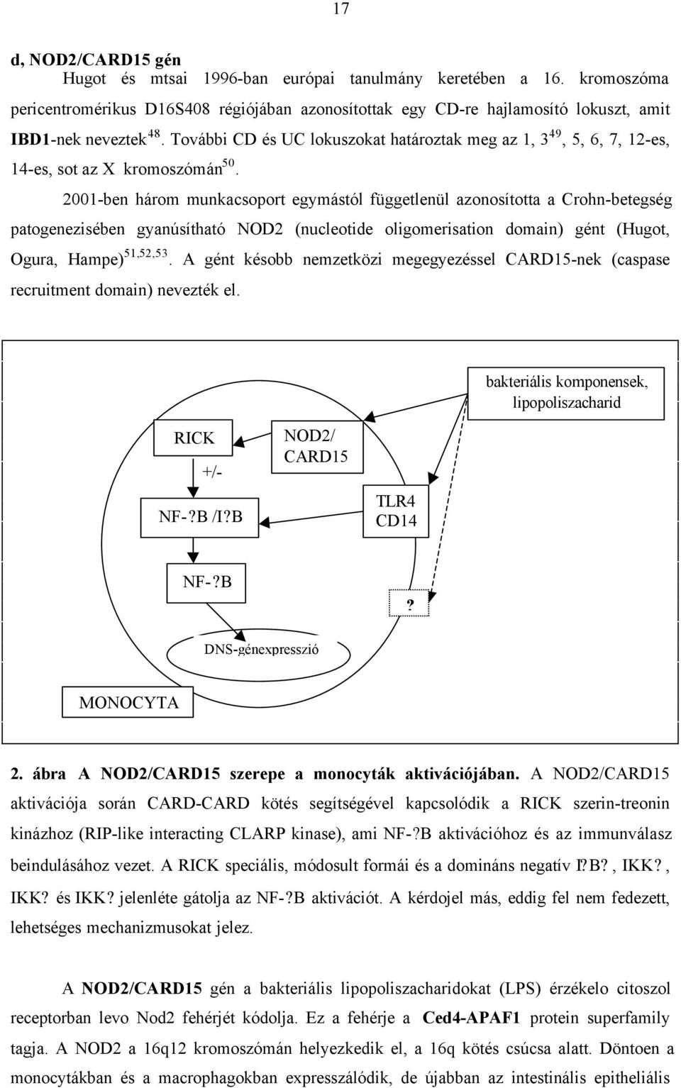 2001-ben három munkacsoport egymástól függetlenül azonosította a Crohn-betegség patogenezisében gyanúsítható NOD2 (nucleotide oligomerisation domain) gént (Hugot, Ogura, Hampe) 51,52,53.