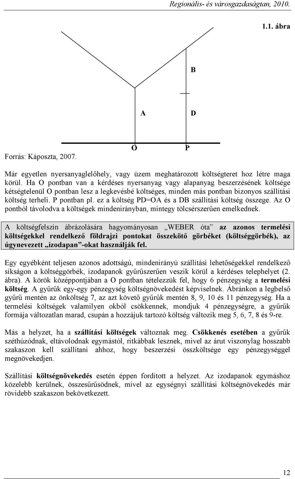 ez a költség PD=OA és a DB szállítási költség összege. Az O pontból távolodva a költségek mindenirányban, mintegy tölcsérszerően emelkednek.