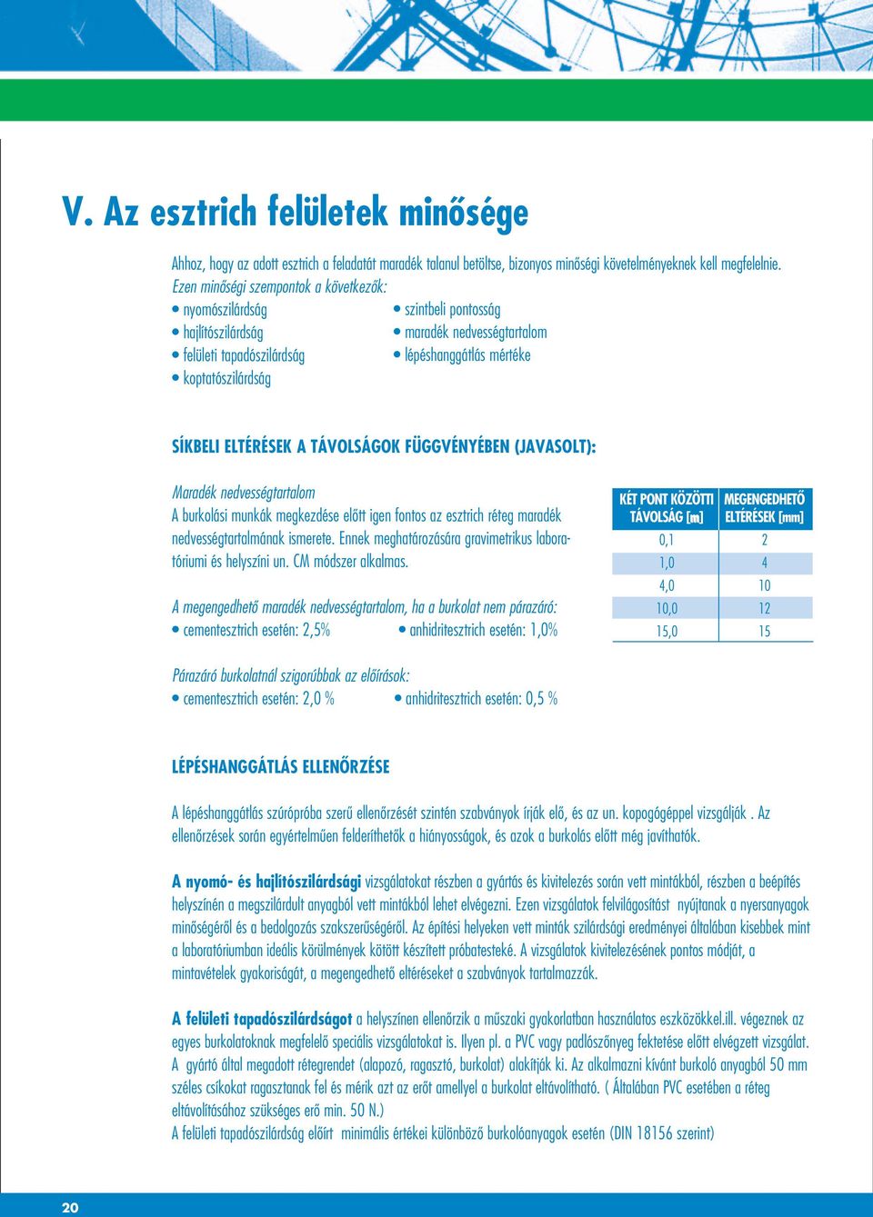 ELTÉRÉSEK A TÁVOLSÁGOK FÜGGVÉNYÉBEN (JAVASOLT): Maradék nedvességtartalom A burkolási munkák megkezdése elôtt igen fontos az esztrich réteg maradék nedvességtartalmának ismerete.