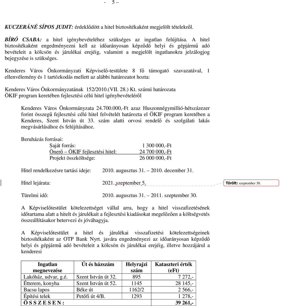 szükséges. Kenderes Város Önkormányzati Képviselı-testülete 8 fı támogató szavazatával, 1 ellenvélemény és 1 tartózkodás mellett az alábbi határozatot hozta: Kenderes Város Önkormányzatának 152/2010.