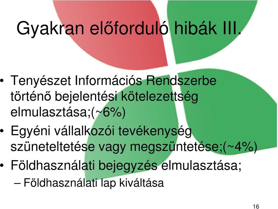 kötelezettség elmulasztása;(~6%) Egyéni vállalkozói tevékenység