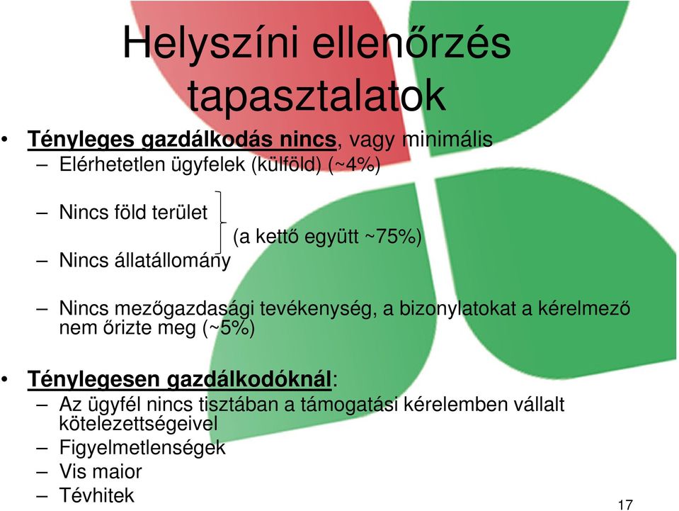 tevékenység, a bizonylatokat a kérelmező nem őrizte meg (~5%) Ténylegesen gazdálkodóknál: Az ügyfél