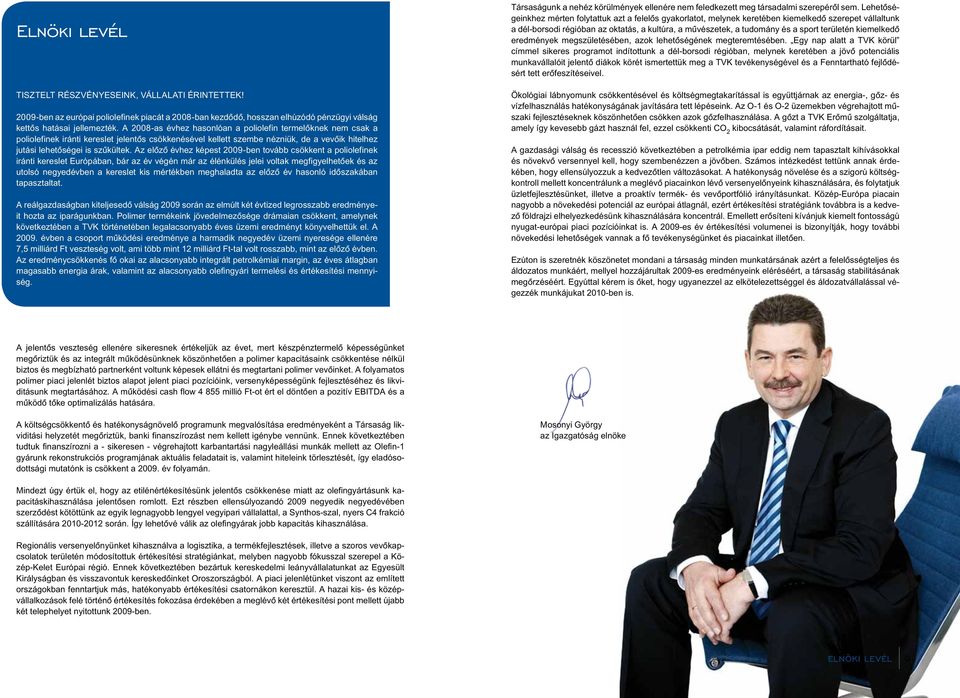 Az előző évhez képest 2009-ben tovább csökkent a poliolefinek iránti kereslet Európában, bár az év végén már az élénkülés jelei voltak megfigyelhetőek és az utolsó negyedévben a kereslet kis