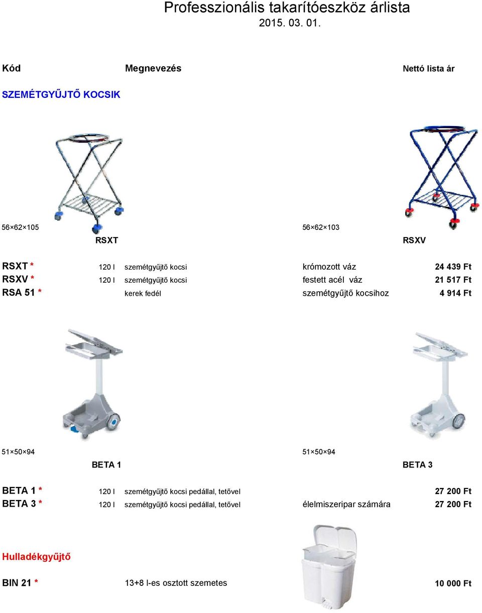 Ft 51 50 94 51 50 94 BETA 1 BETA 3 BETA 1 * 120 l szemétgyűjtő kocsi pedállal, tetővel 27 200 Ft BETA 3 * 120 l