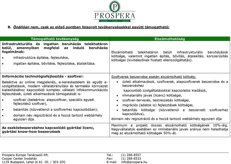 Elszámolhatóság Elszámolható telekhatáron belüli infrastrukturális beruházások költsége, valamint ingatlan építés, bővítés, átalakítás, korszerűsítés költségei (kivitelezőnek fizetett