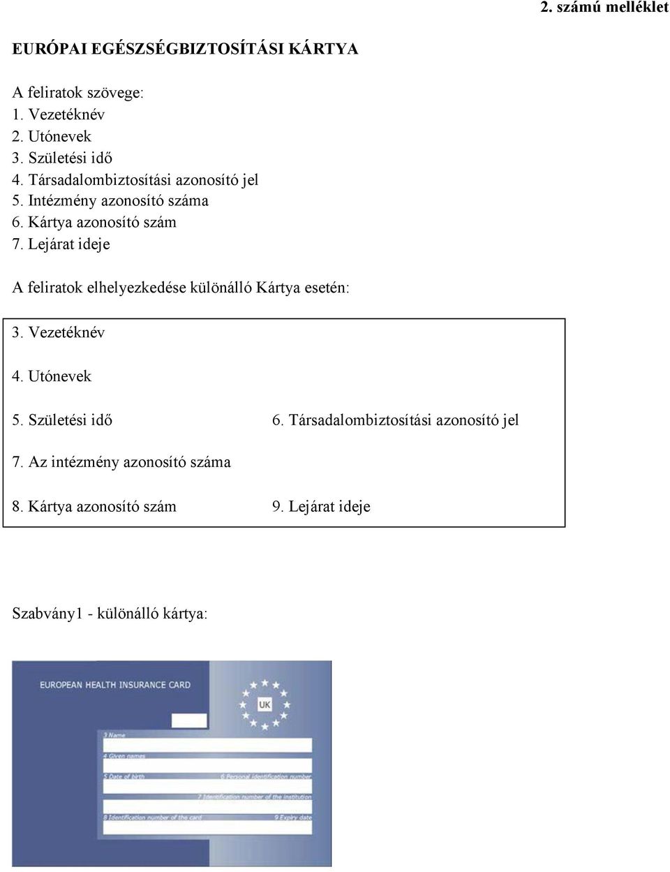 Lejárat ideje A feliratok elhelyezkedése különálló Kártya esetén: 3. Vezetéknév 4. Utónevek 5. Születési idő 6.