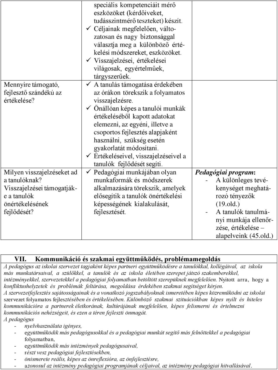 Céljainak megfelelően, változatosan és nagy biztonsággal választja meg a különböző értékelési módszereket, eszközöket. Visszajelzései, értékelései világosak, egyértelműek, tárgyszerűek.