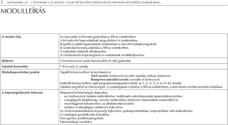 kivonás gyakorlása a 100-as számkörben. A két művelet kapcsolatának megerősítése és tudatosítása. Régebbi és újabb tapasztalatok tudatosítása a műveleti tulajdonságokról.