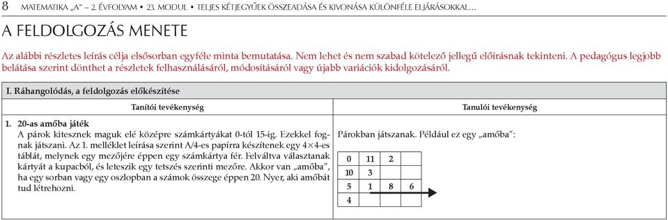 Ráhangolódás, a feldolgozás előkészítése Tanítói tevékenység 1. 20-as amőba játék A párok kitesznek maguk elé középre számkártyákat 0-tól 15-ig. Ezekkel fognak játszani. Az 1.