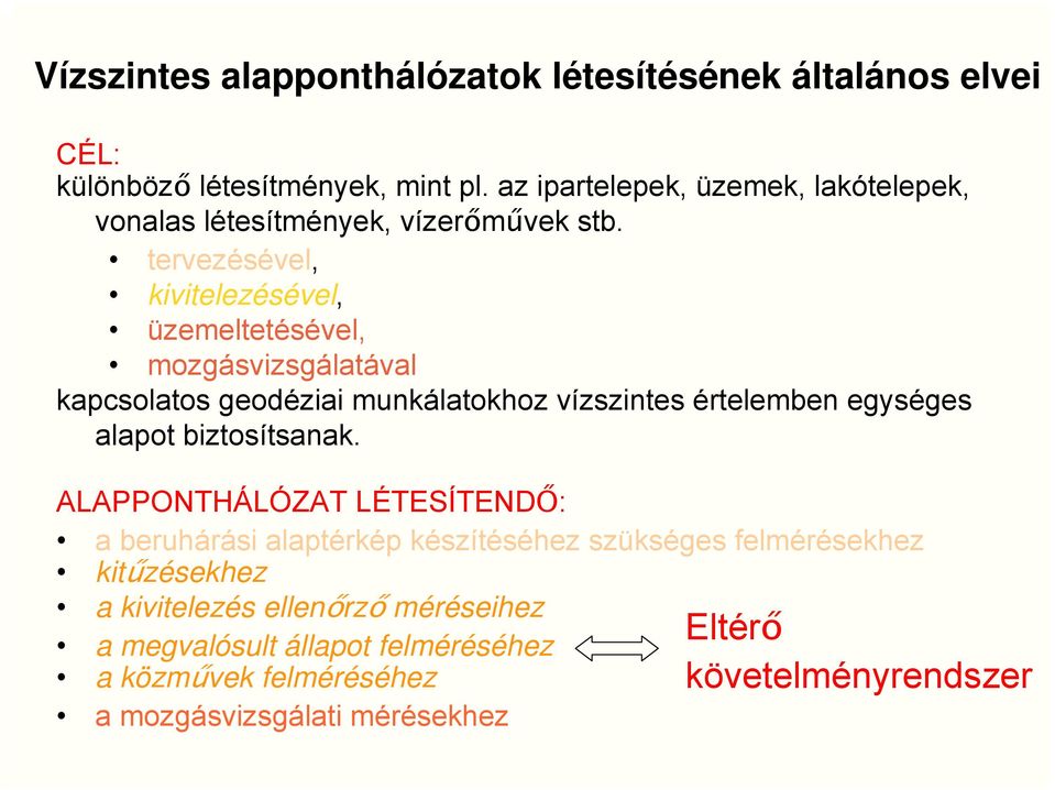 tervezésével, kivitelezésével, üzemeltetésével, mozgásvizsgálatával kapcsolatos geodéziai munkálatokhoz vízszintes értelemben egységes alapot