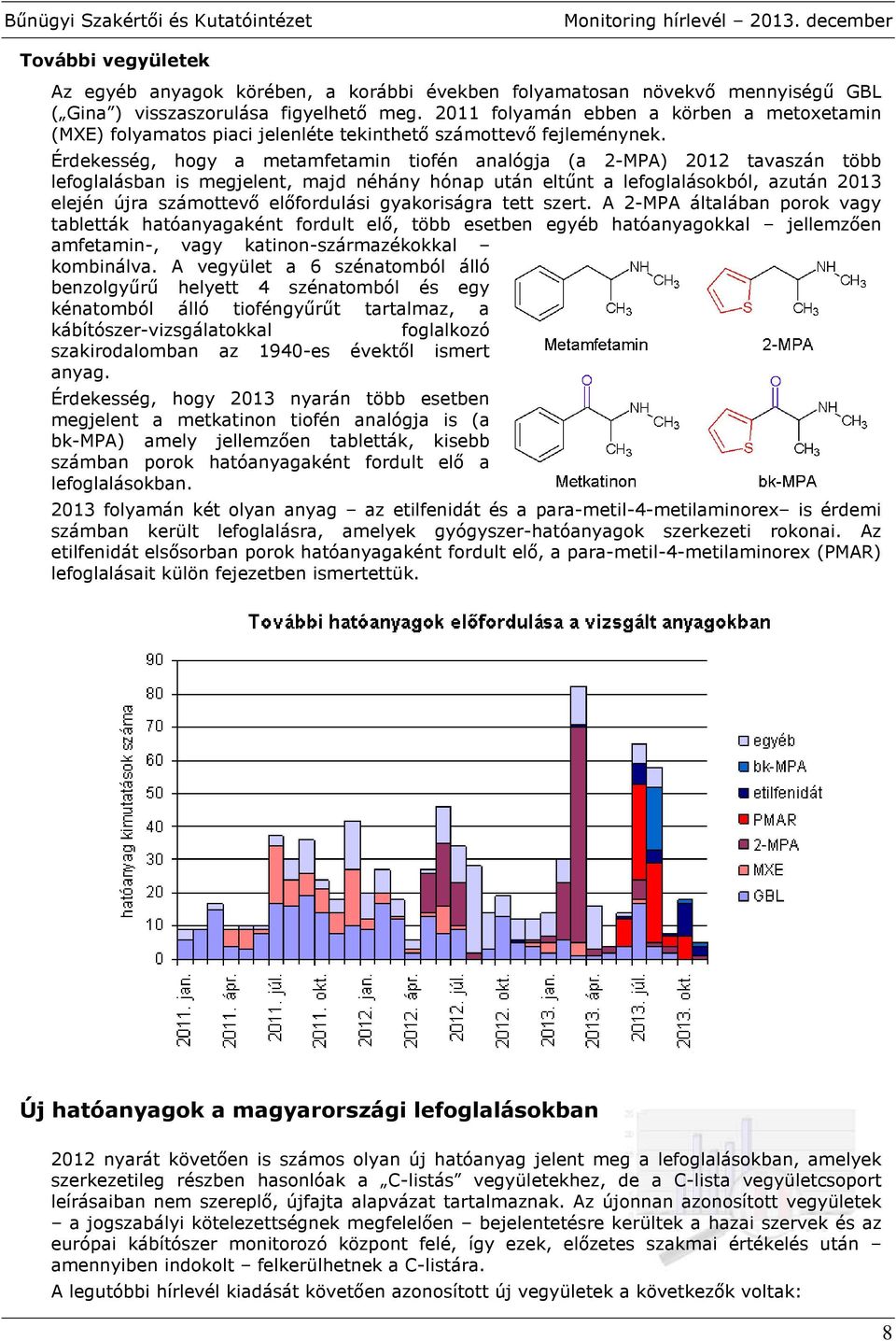 Érdekesség, hogy a metamfetamin tiofén analógja (a 2-MPA) 2012 tavaszán több lefoglalásban is megjelent, majd néhány hónap után eltűnt a lefoglalásokból, azután 2013 elején újra számottevő