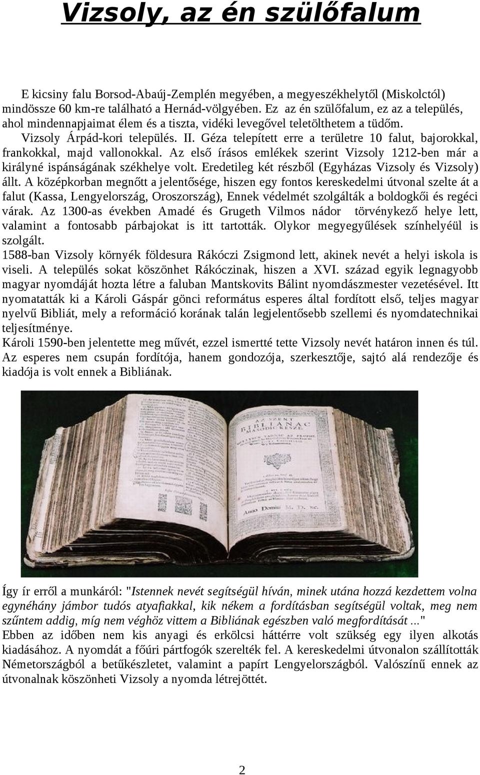 Géza telepített erre a területre 10 falut, bajorokkal, frankokkal, majd vallonokkal. Az első írásos emlékek szerint Vizsoly 1212-ben már a királyné ispánságának székhelye volt.