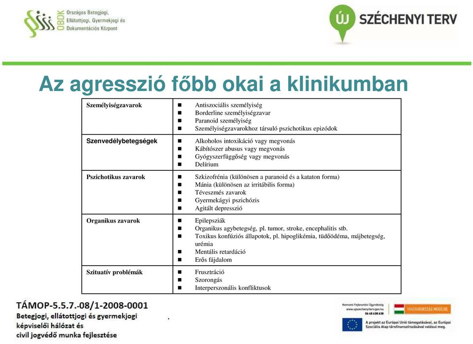 a kataton forma) Mánia (különösen az irritábilis forma) Téveszmés zavarok Gyermekágyi pszichózis Agitált depresszió Organikus zavarok Epilepsziák Organikus agybetegség, pl tumor, stroke,