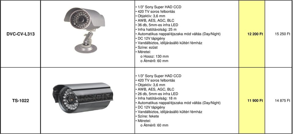 200 Ft 15 250 Ft TS-1022 Objektív: 3,6 mm 26 db, 5mm-es infra LED