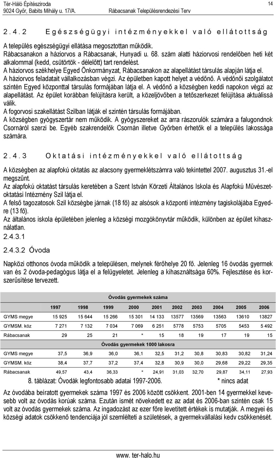 A háziorvos feladatait vállalkozásban végzi. Az épületben kapott helyet a védőnő. A védőnői szolgálatot szintén Egyed központtal társulás formájában látja el.