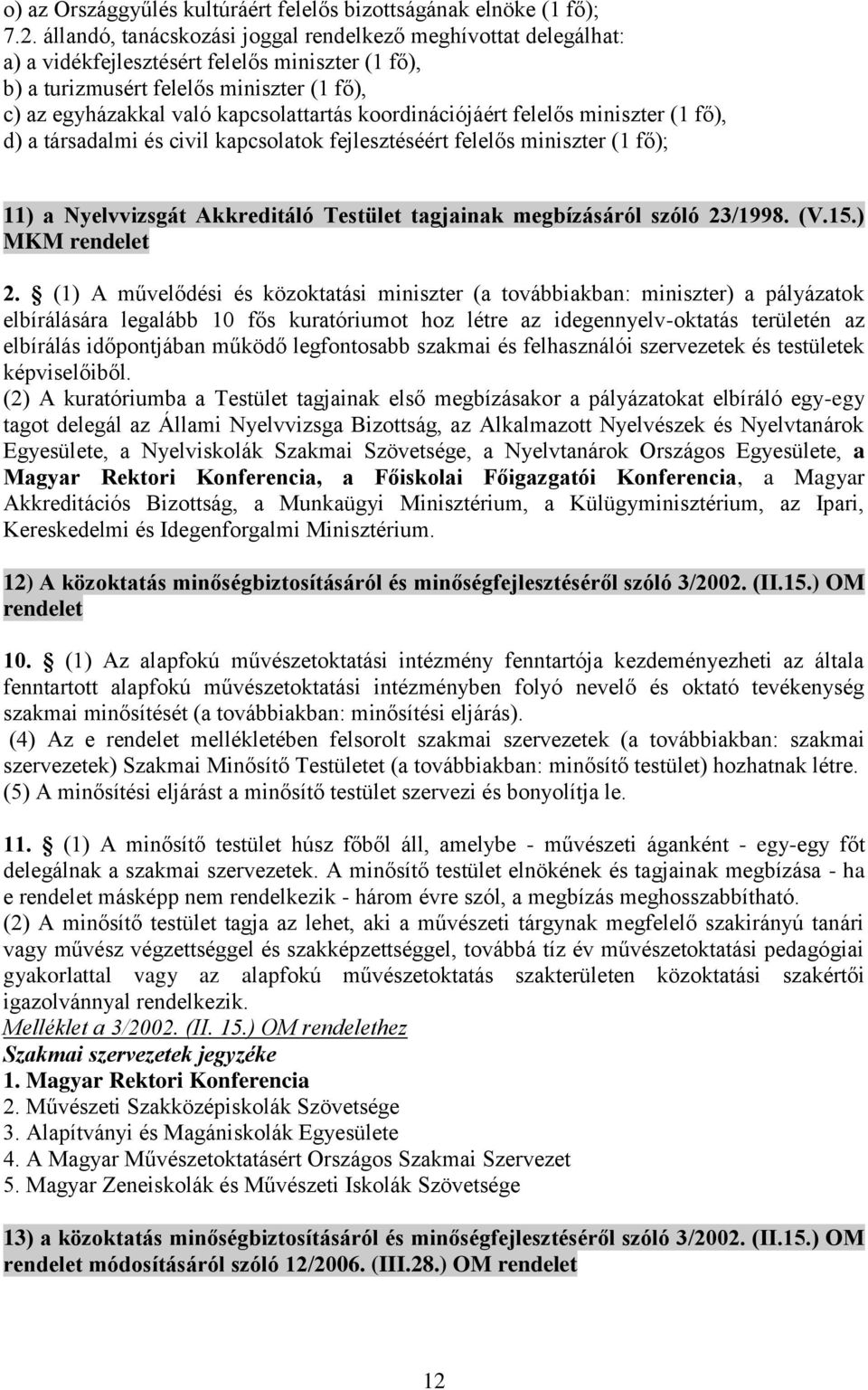 koordinációjáért felelős miniszter (1 fő), d) a társadalmi és civil kapcsolatok fejlesztéséért felelős miniszter (1 fő); 11) a Nyelvvizsgát Akkreditáló Testület tagjainak megbízásáról szóló 23/1998.