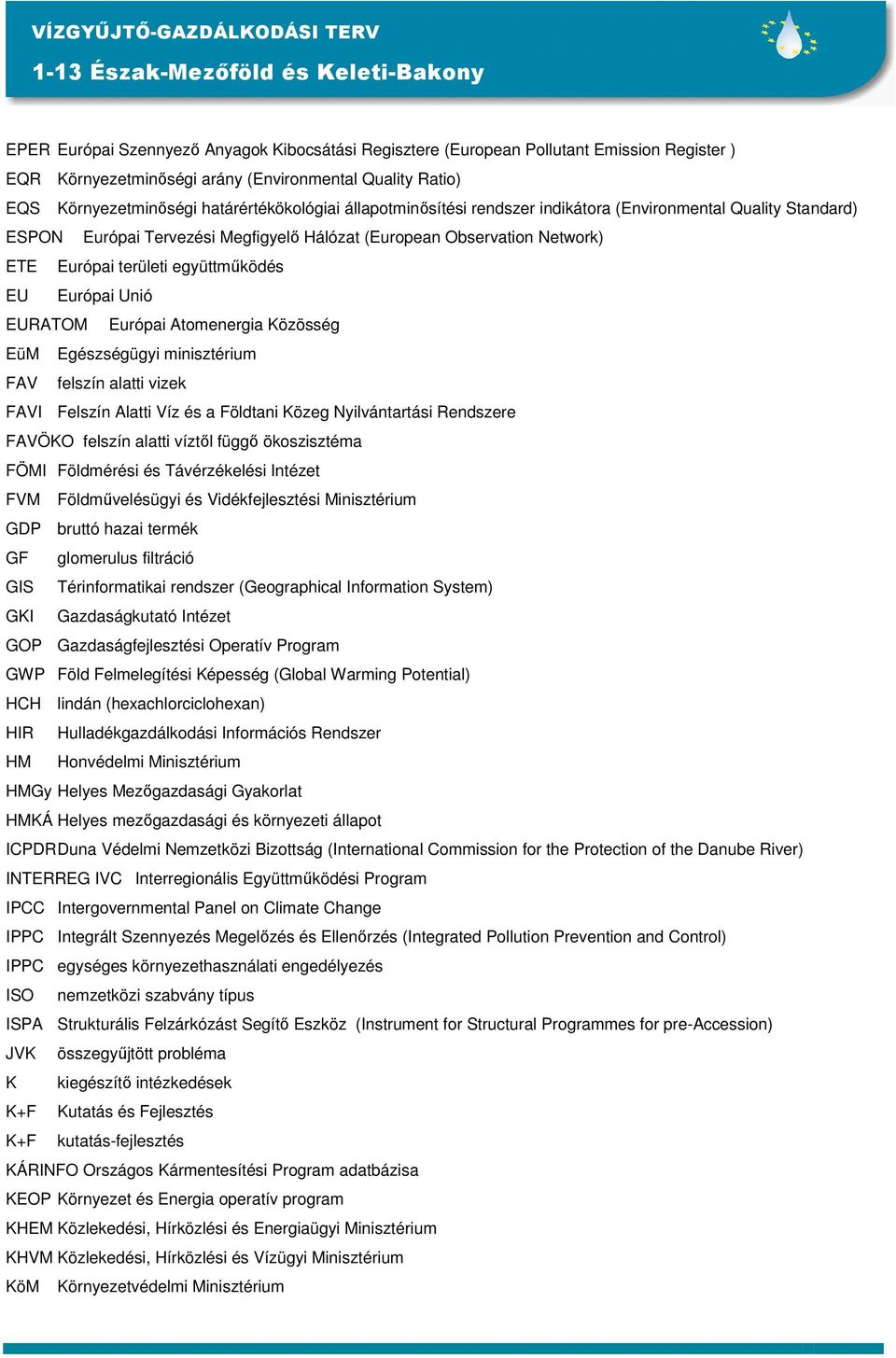 Observation Network) ETE Európai területi együttmőködés EU Európai Unió EURATOM Európai Atomenergia Közösség EüM Egészségügyi minisztérium FAV felszín alatti vizek FAVI Felszín Alatti Víz és a