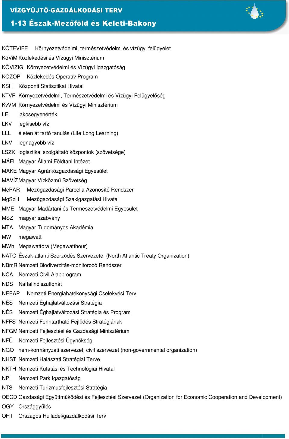 Minisztérium LE lakosegyenérték LKV legkisebb víz LLL életen át tartó tanulás (Life Long Learning) LNV legnagyobb víz LSZK logisztikai szolgáltató központok (szövetsége) MÁFI Magyar Állami Földtani