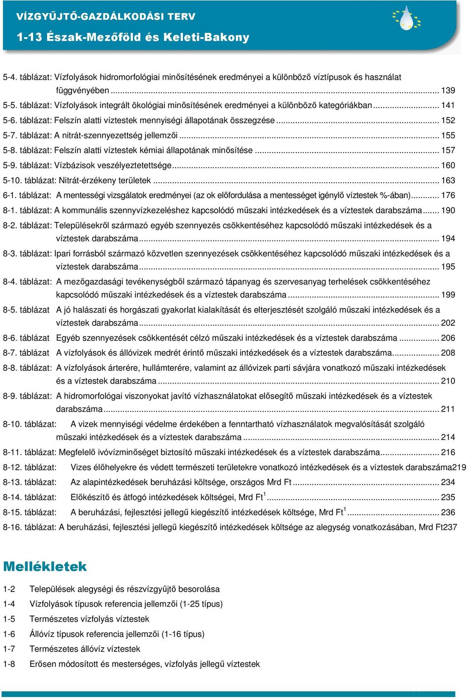 táblázat: A nitrát-szennyezettség jellemzıi... 155 5-8. táblázat: Felszín alatti víztestek kémiai állapotának minısítése... 157 5-9. táblázat: Vízbázisok veszélyeztetettsége... 160 5-10.