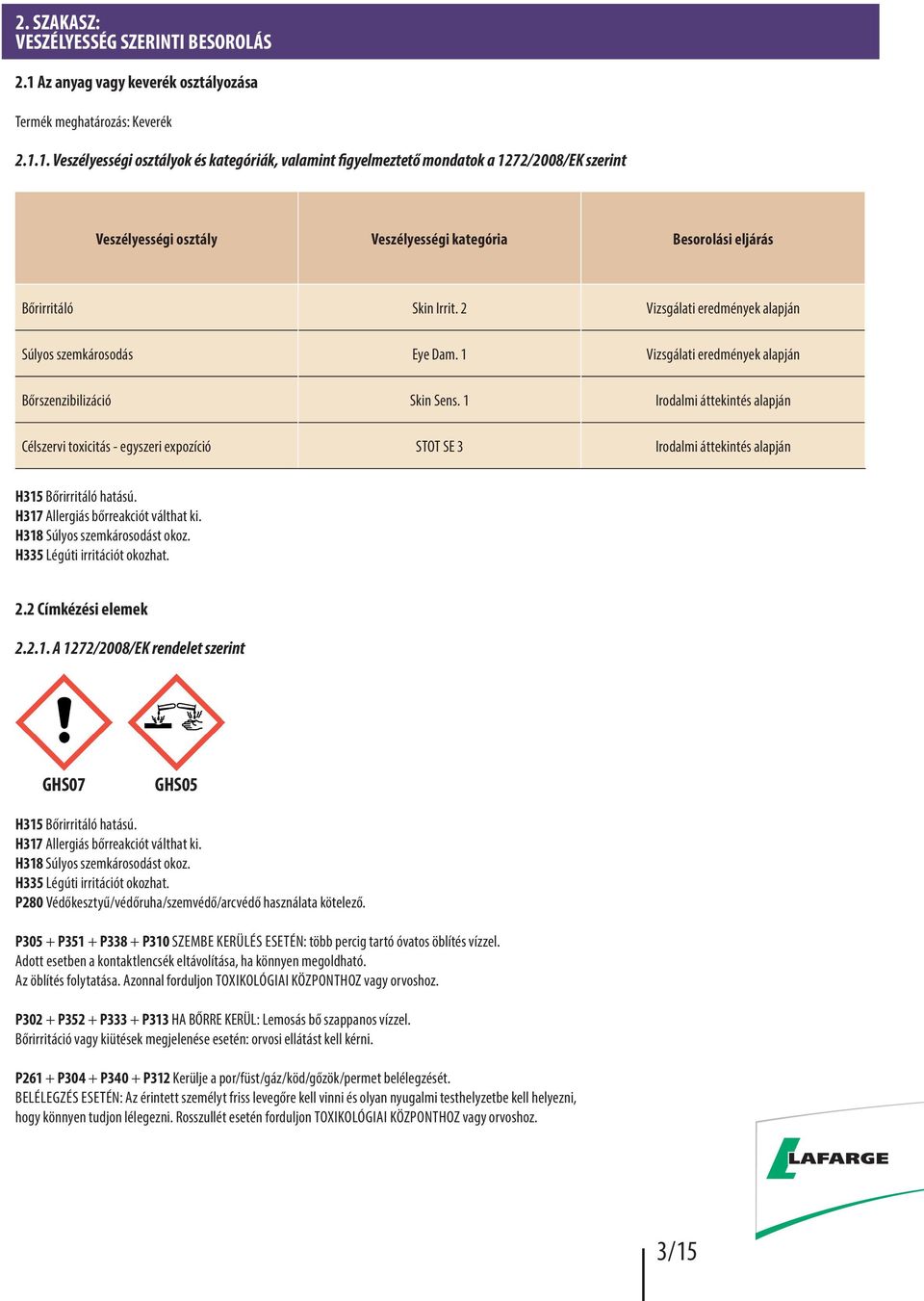 1. Veszélyességi osztályok és kategóriák, valamint figyelmeztető mondatok a 1272/2008/EK szerint Veszélyességi osztály Veszélyességi kategória Besorolási eljárás Bőrirritáló Skin Irrit.