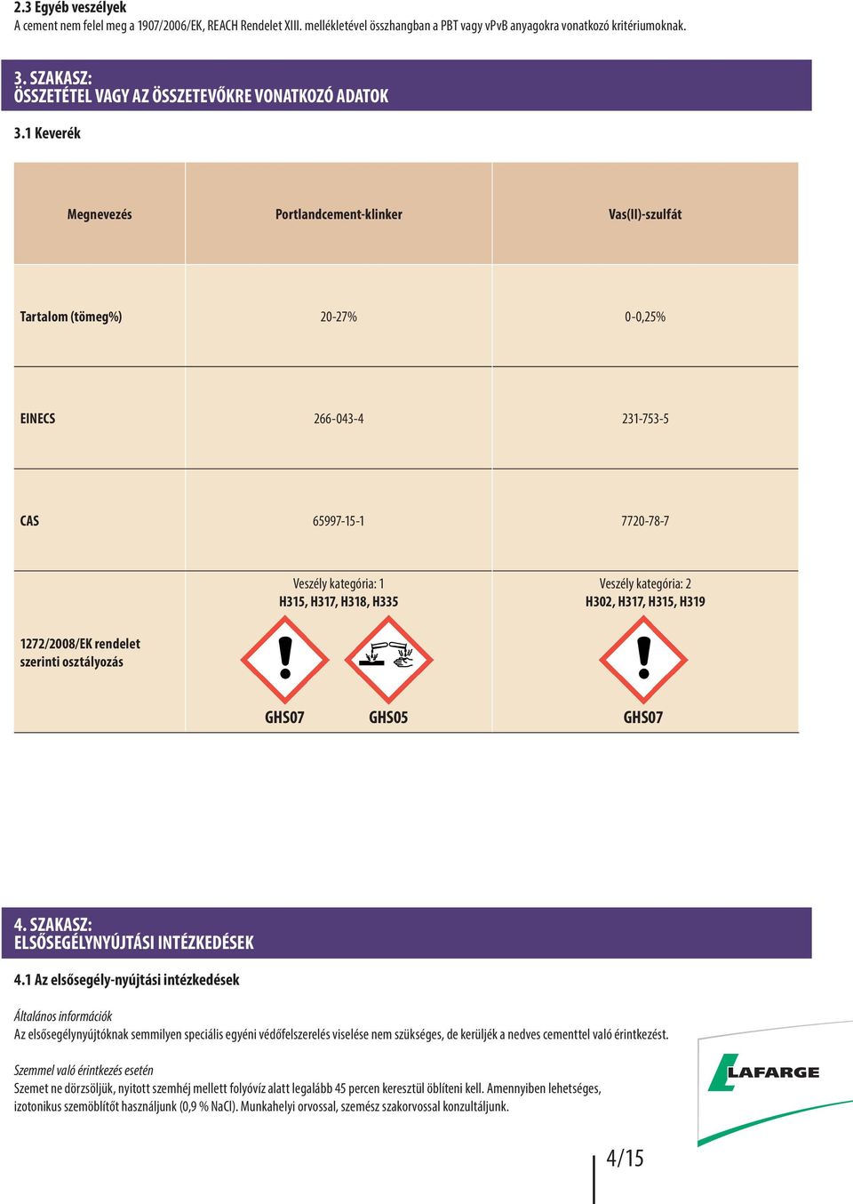 1 Keverék Megnevezés Portlandcementklinker Vas(II)szulfát Tartalom (tömeg%) 2027% 00,25% EINECS 2660434 2317535 CAS 65997151 7720787 Veszély kategória: 1 H315, H317, H318, H335 Veszély kategória: 2