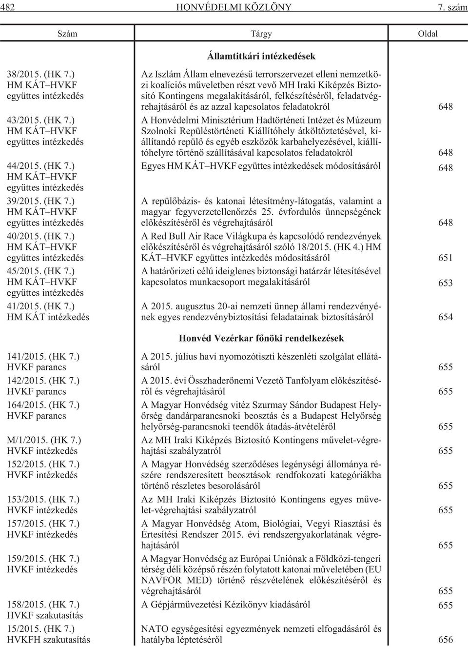 ) HM KÁT HVKF együttes intézkedés 45/2015. (HK 7.