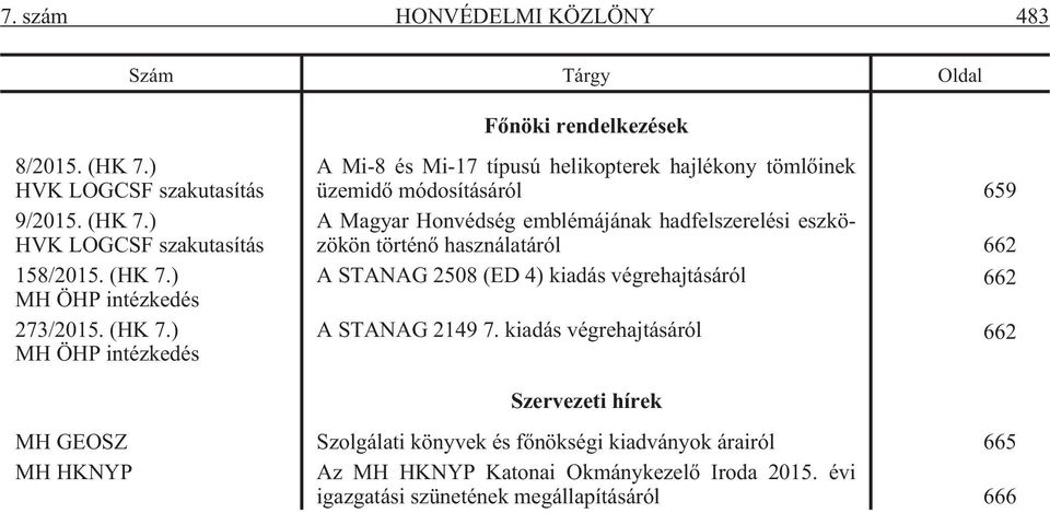 ) MH ÖHP intézkedés A Mi-8 és Mi-17 típusú helikopterek hajlékony tömlõinek üzemidõ módosításáról 659 A Magyar Honvédség emblémájának hadfelszerelési eszközökön