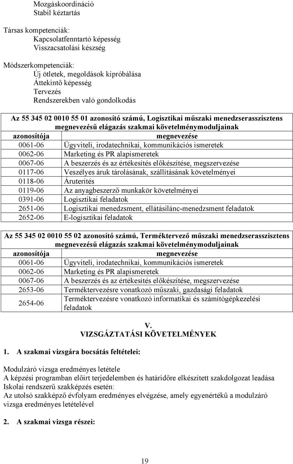 Ügyviteli, irodatechnikai, kommunikációs ismeretek 0062-06 Marketing és PR alapismeretek 0067-06 A beszerzés és az értékesítés előkészítése, megszervezése 0117-06 Veszélyes áruk tárolásának,