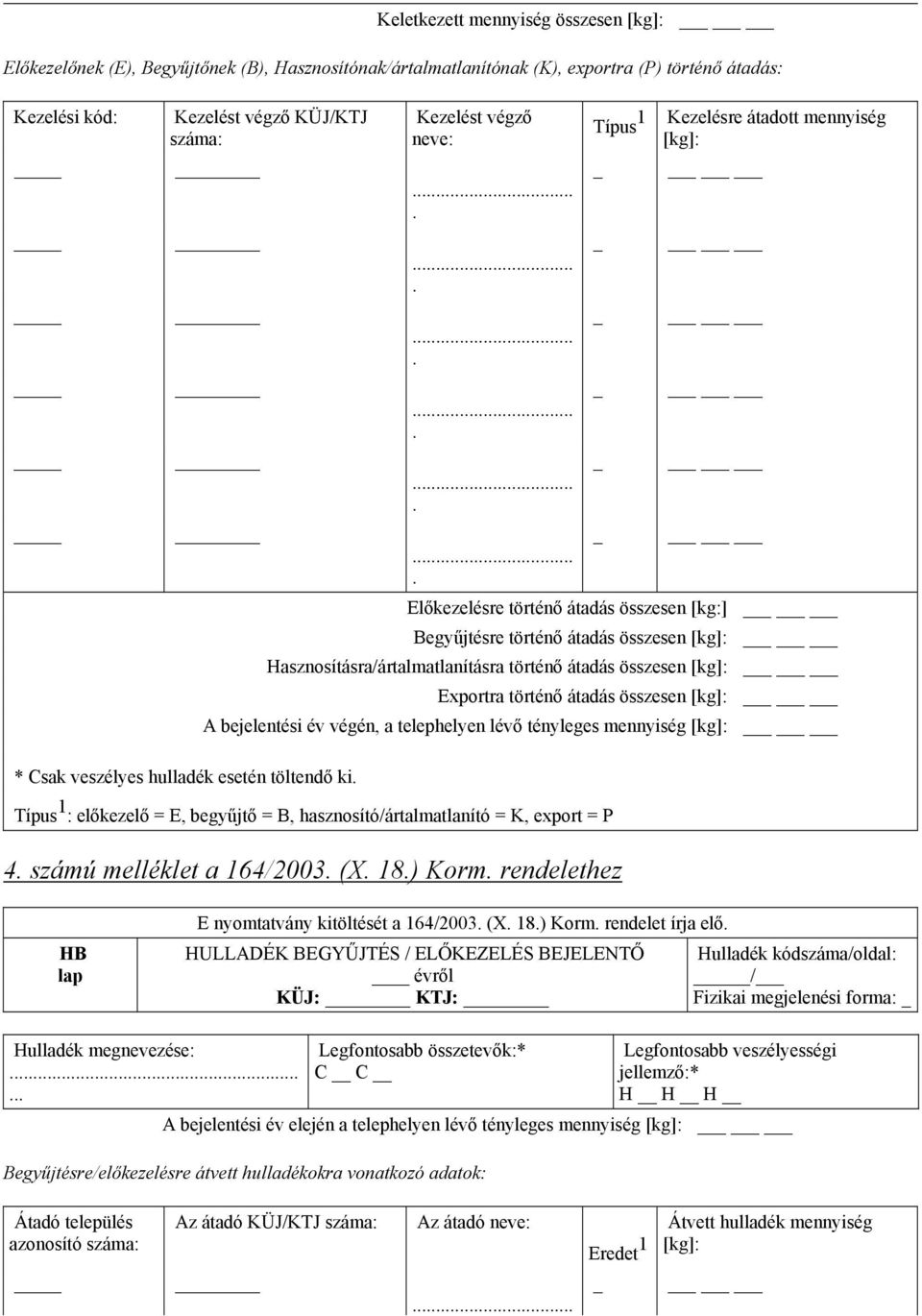 összesen A bejelentési év végén, a telephelyen lévő tényleges mennyiség * Csak veszélyes hulladék esetén töltendő ki Típus 1 : előkezelő = E, begyűjtő = B, hasznosító/ártalmatlanító = K, export = P 4