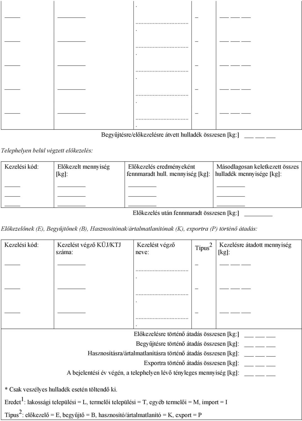 Kezelést végző KÜJ/KTJ száma: Kezelést végző neve: Típus 2 Kezelésre átadott mennyiség Előkezelésre történő átadás összesen [kg:] Begyűjtésre történő átadás összesen Hasznosításra/ártalmatlanításra