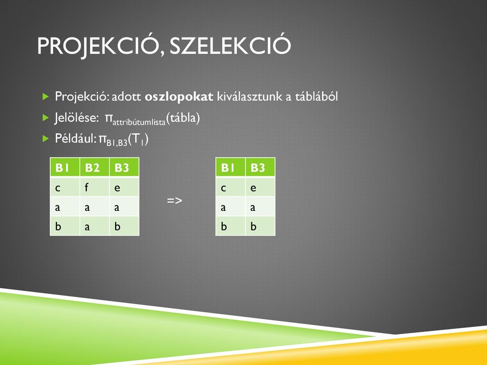 π attribútumlista (tábla) Például: π B1,B3