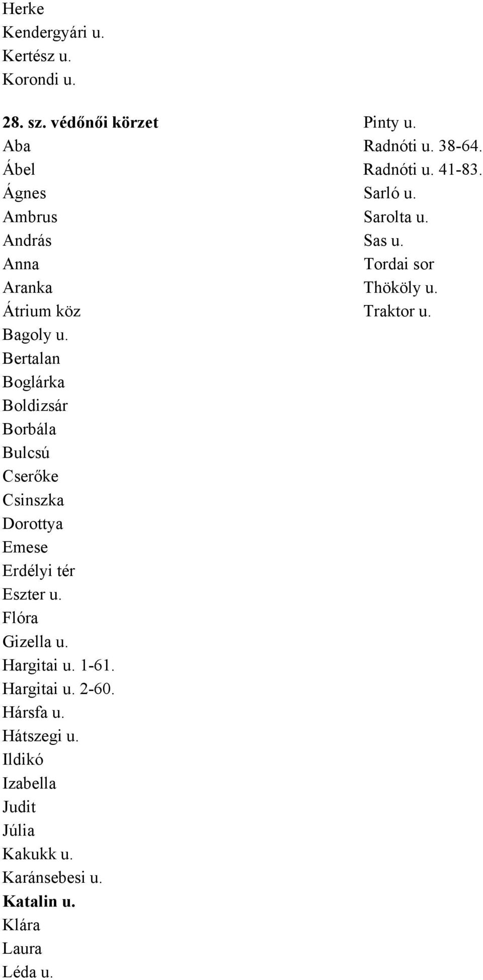 Bertalan Boglárka Boldizsár Borbála Bulcsú Cserőke Csinszka Dorottya Emese Erdélyi tér Eszter u. Flóra Gizella u.