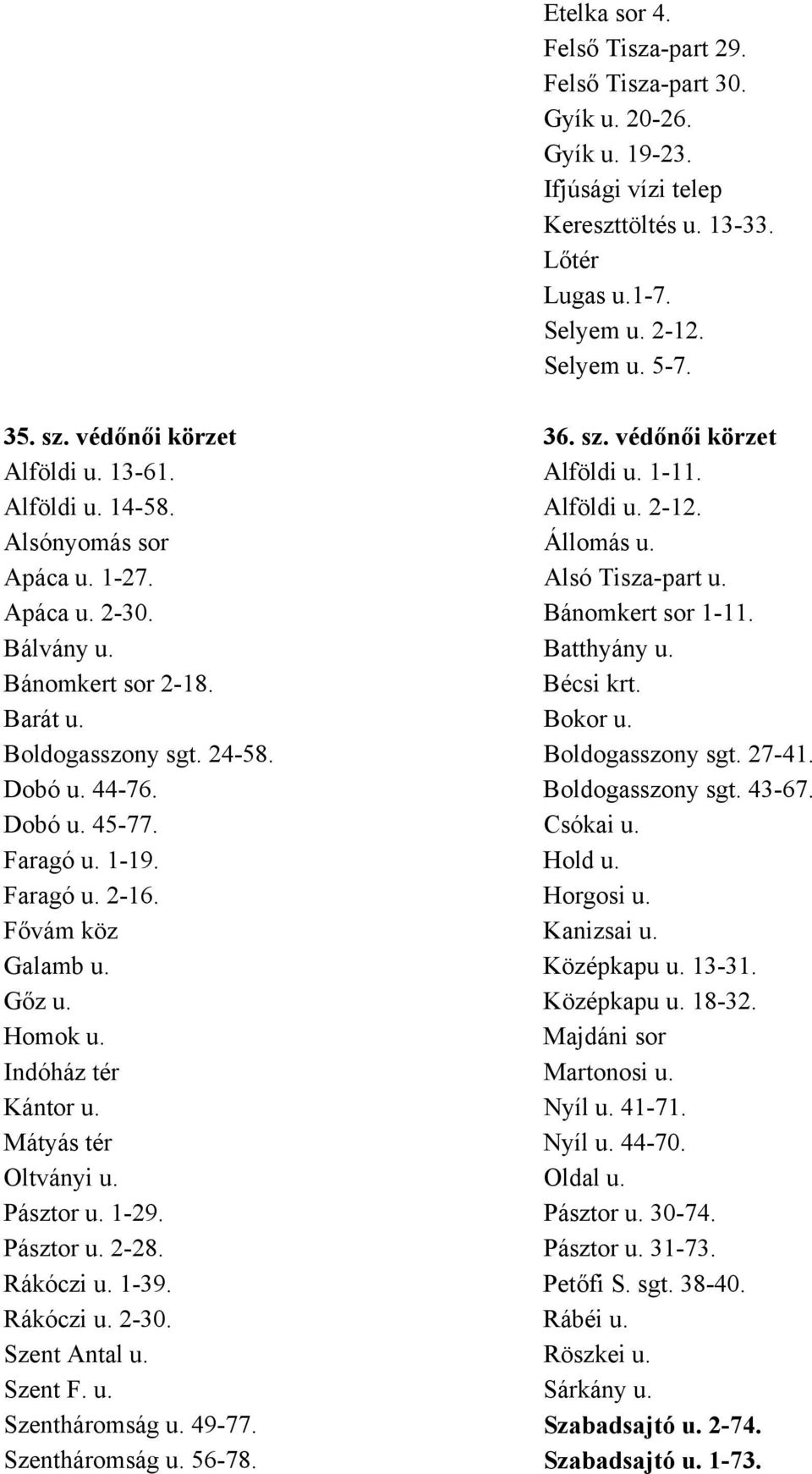 Bánomkert sor 1-11. Bálvány u. Batthyány u. Bánomkert sor 2-18. Bécsi krt. Barát u. Bokor u. Boldogasszony sgt. 24-58. Boldogasszony sgt. 27-41. Dobó u. 44-76. Boldogasszony sgt. 43-67. Dobó u. 45-77.